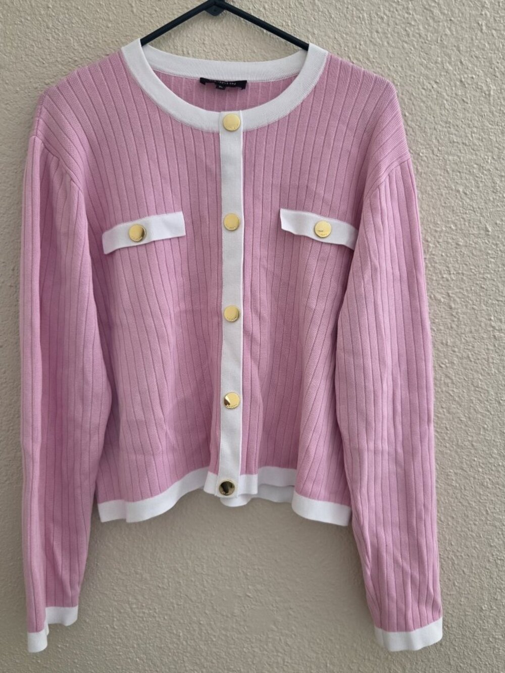 St. John Pink Cardigan XL Ribbed Knit Gold Buttons Scoop Neck Sweater